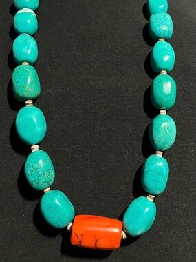 1970s 256 g Turquoise & Coral Statement Necklace -